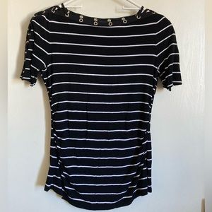 *White House Black Market Black White Striped Grommet Short Sleeve Shirt #Br